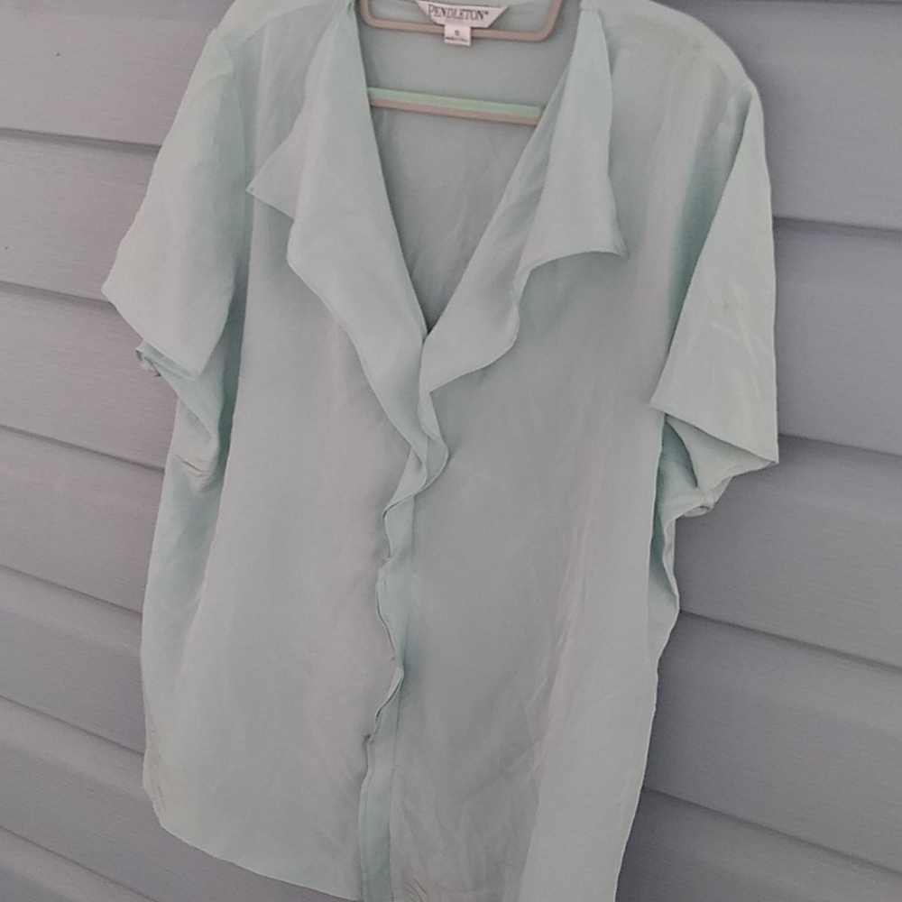 Pendleton 100% Silk Light Teal Button Down Blouse - image 1